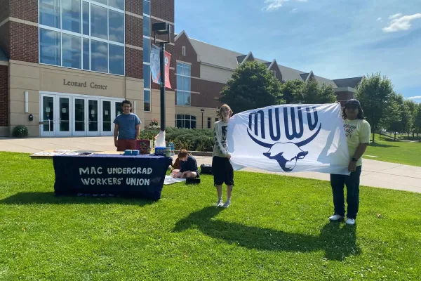 muwu uaw student workers outside leonard center