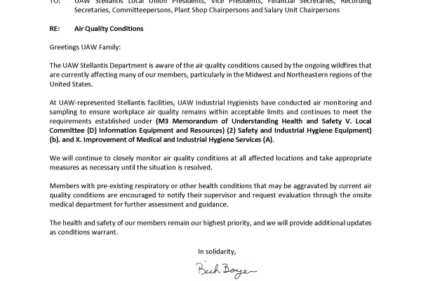 UAW Stellantis Dept. Air Quality Conditions