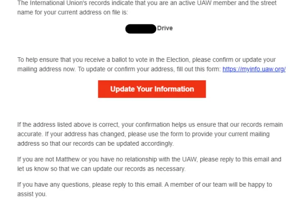 Email from the UAW Membership Dept.