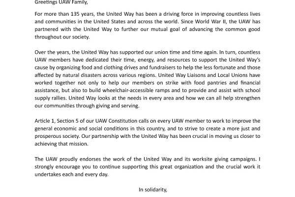 UAW United Way Endorsement Letter