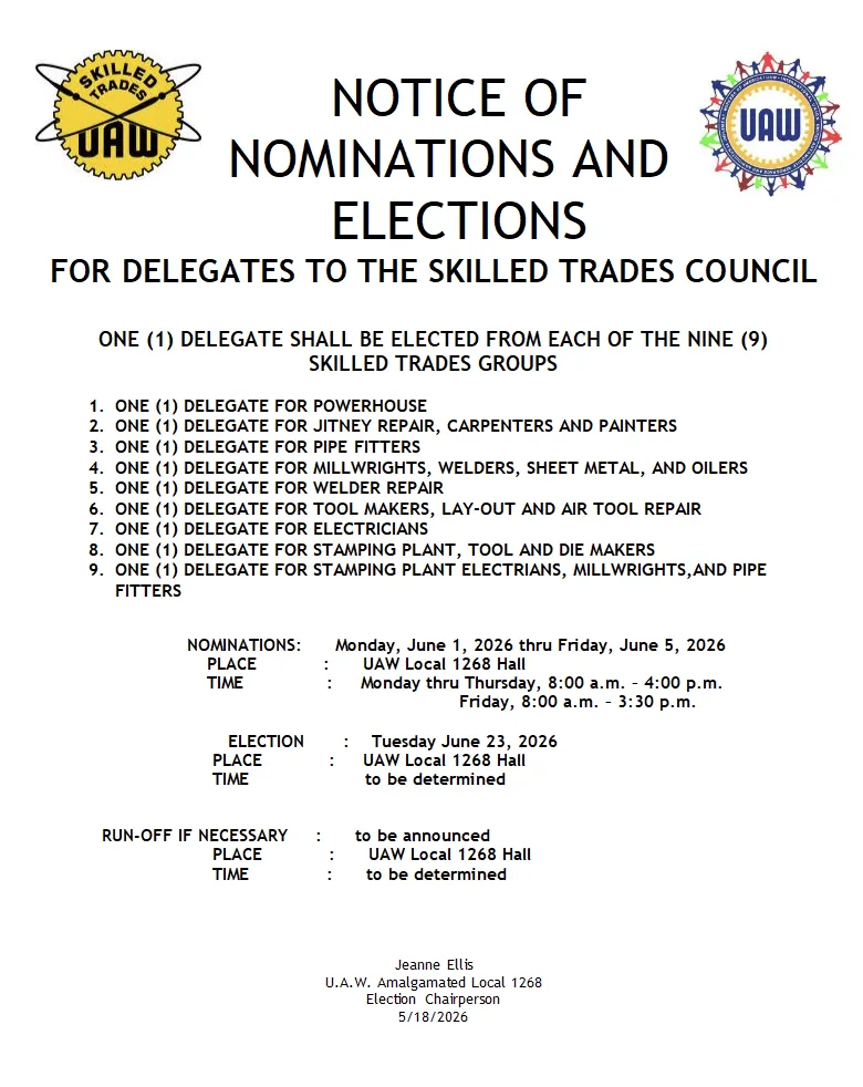 **Skilled Trades only- Notice of Nominations and Elections for the Skilled Trades Council