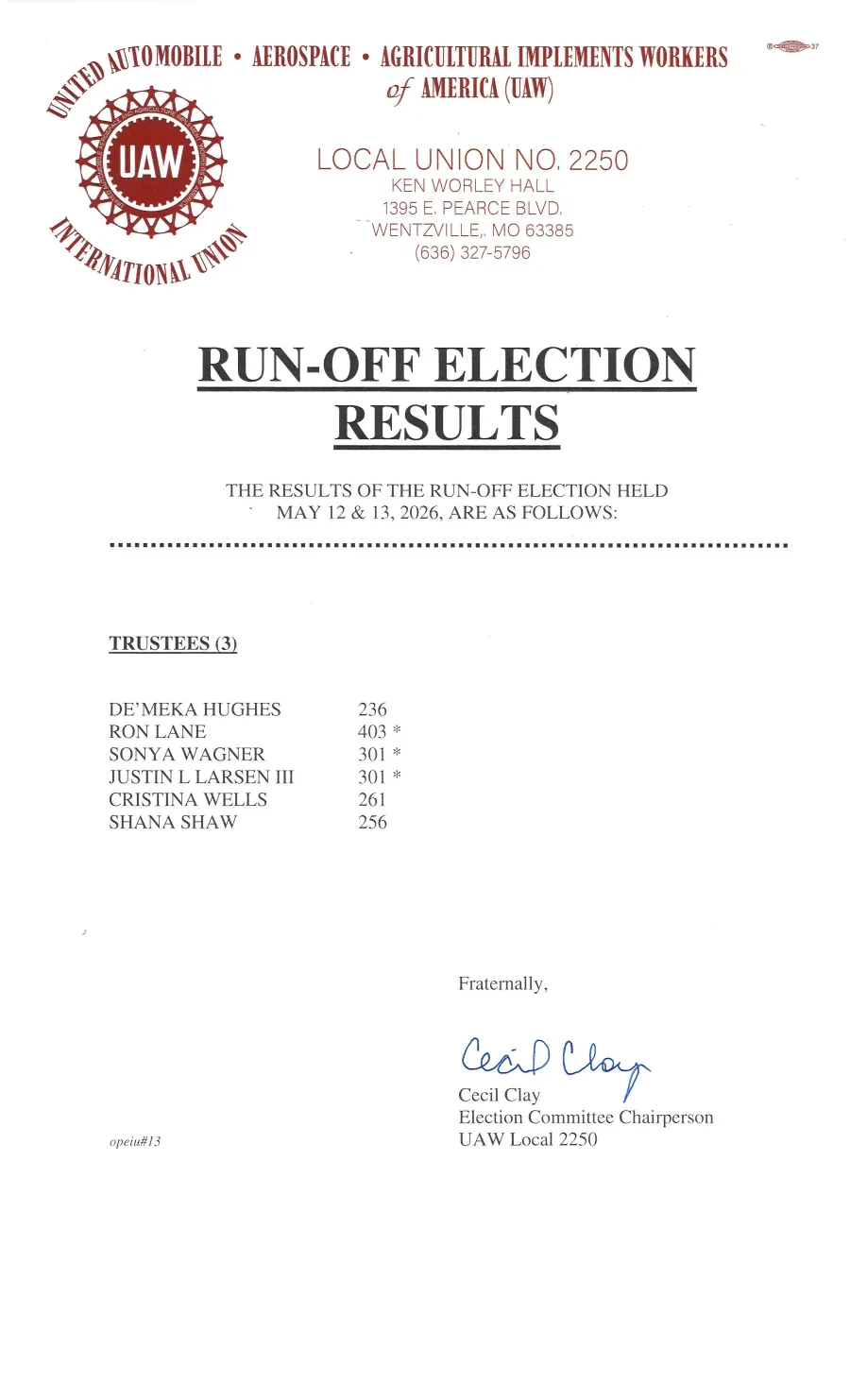 At Large Election run offs Results 