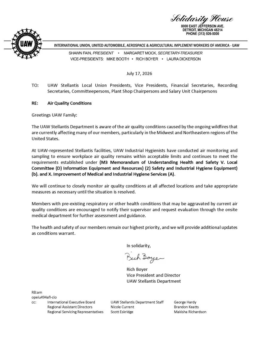 UAW Stellantis Dept. Air Quality Conditions