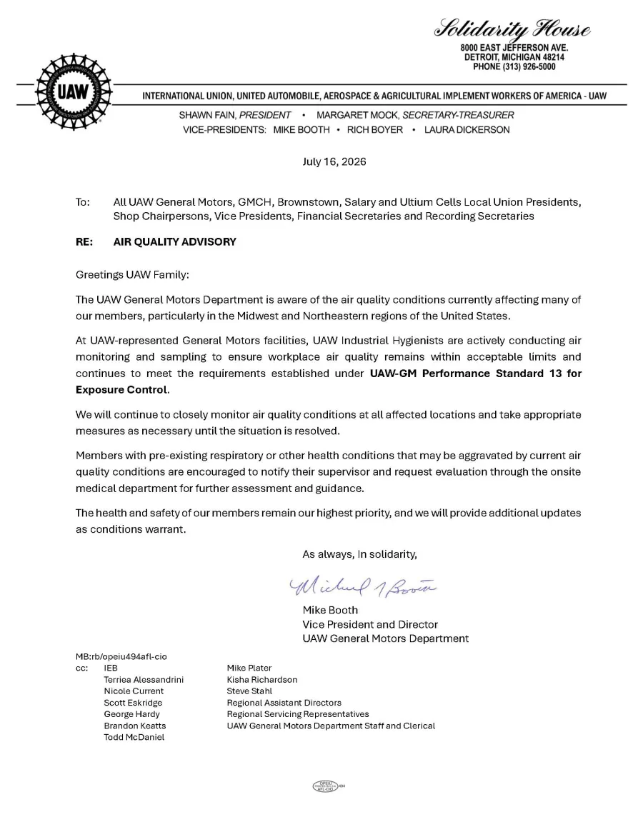 UAW GM Department Air Quality Advisory