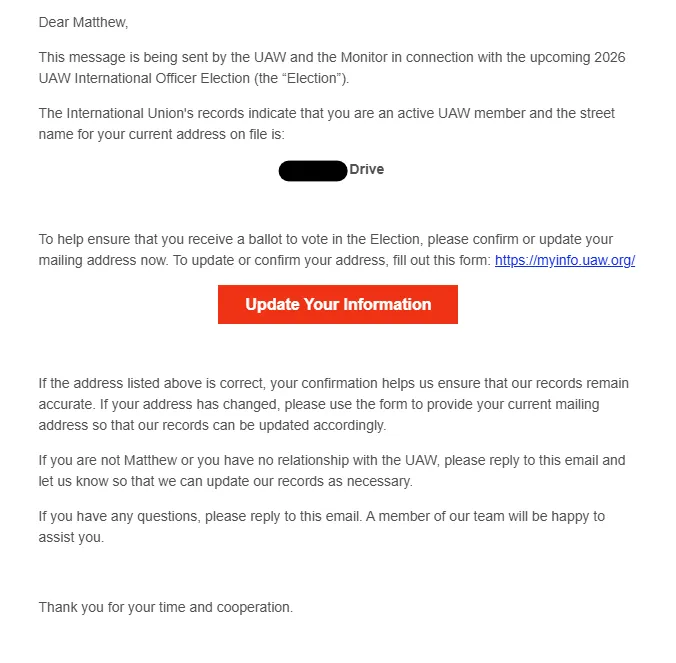 Email from the UAW Membership Dept.