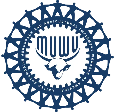 MUWU logo with highland cow, all circled by the UAW gear.