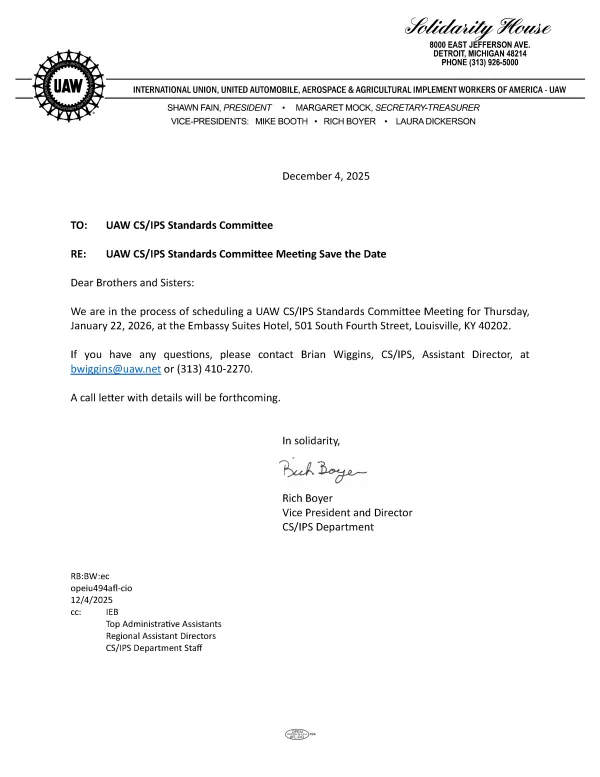2026 UAW CS/IPS Standards Mtg - Save the Date