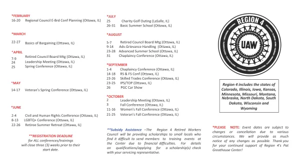 Revised UAW Region 4 Calendar of Events for 2026