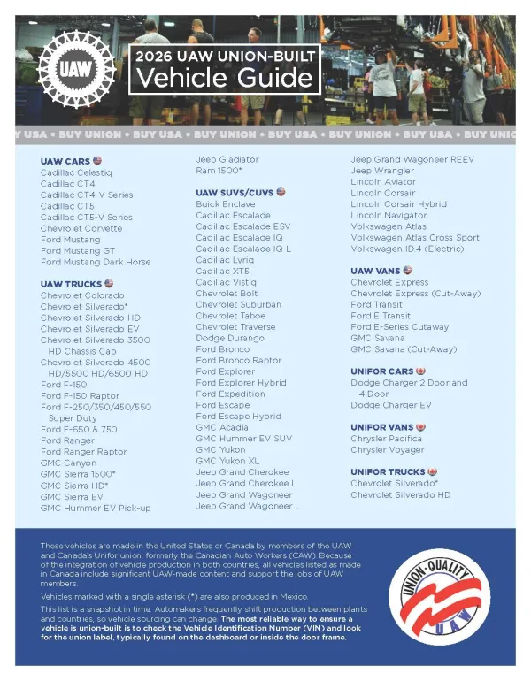 2026 UAW Union Built Vehicle Guide