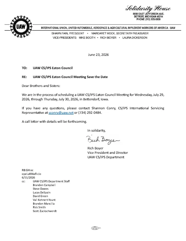 UAW CS/IPS Eaton Council Mtg - Save the Date - Jul 29-30