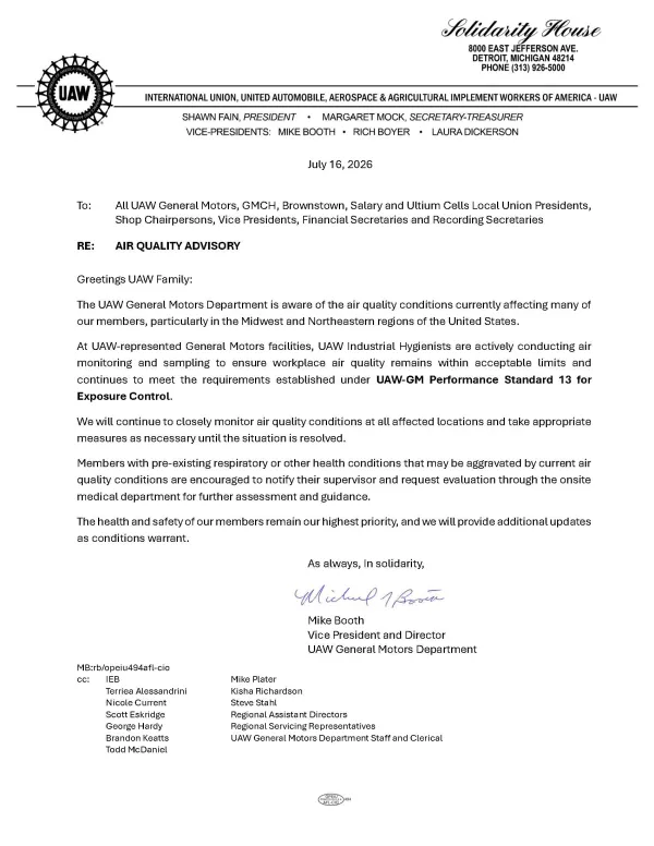 Air Quality Advisory from UAW GM Department