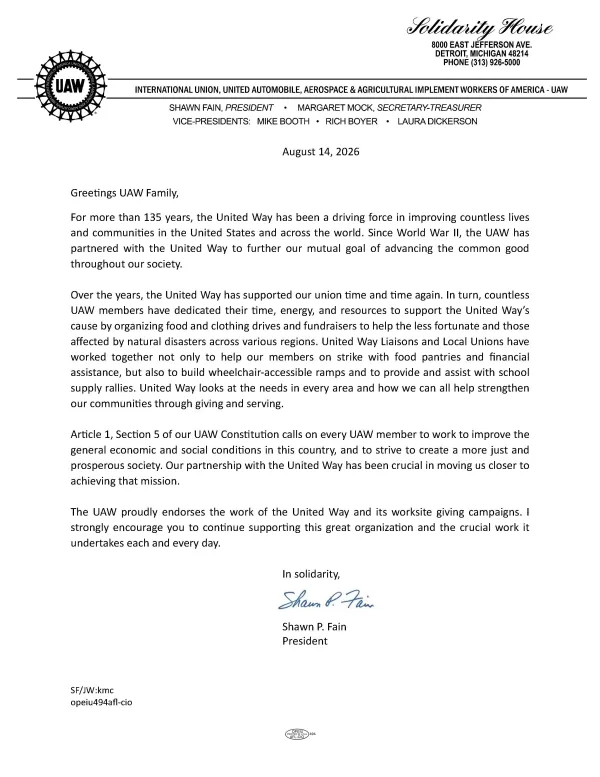 UAW United Way Endorsement Letter